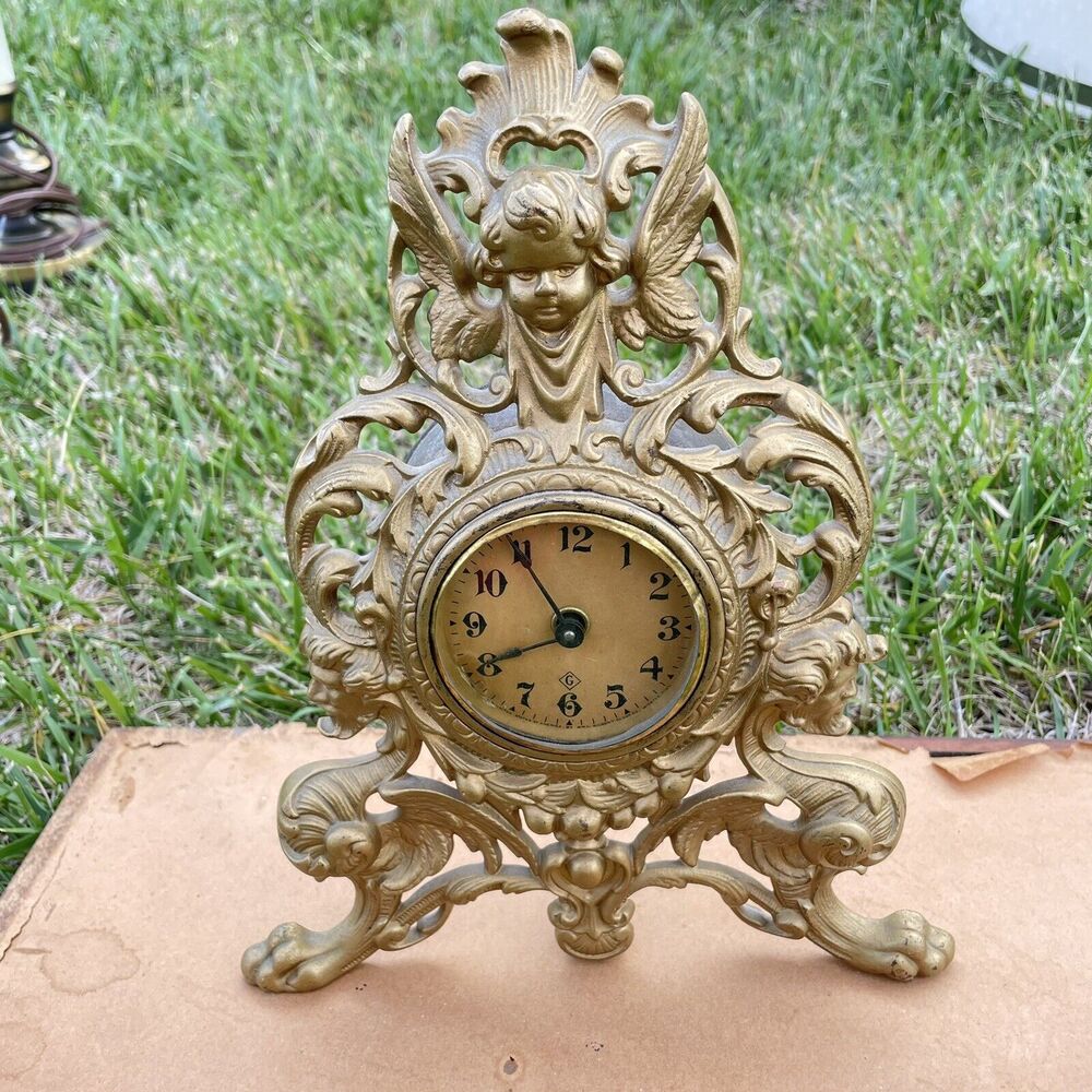 Antique WM L GILBERT Cast Metal Gold Clock 1892 Cherubs Baby Angel Ornate - HN